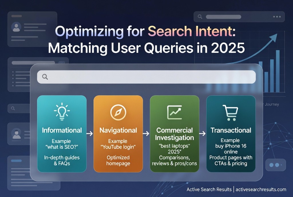 Optimizing for Search Intent: Matching User Queries in 2025 — informational, navigational, commercial investigation, and transactional search intent types