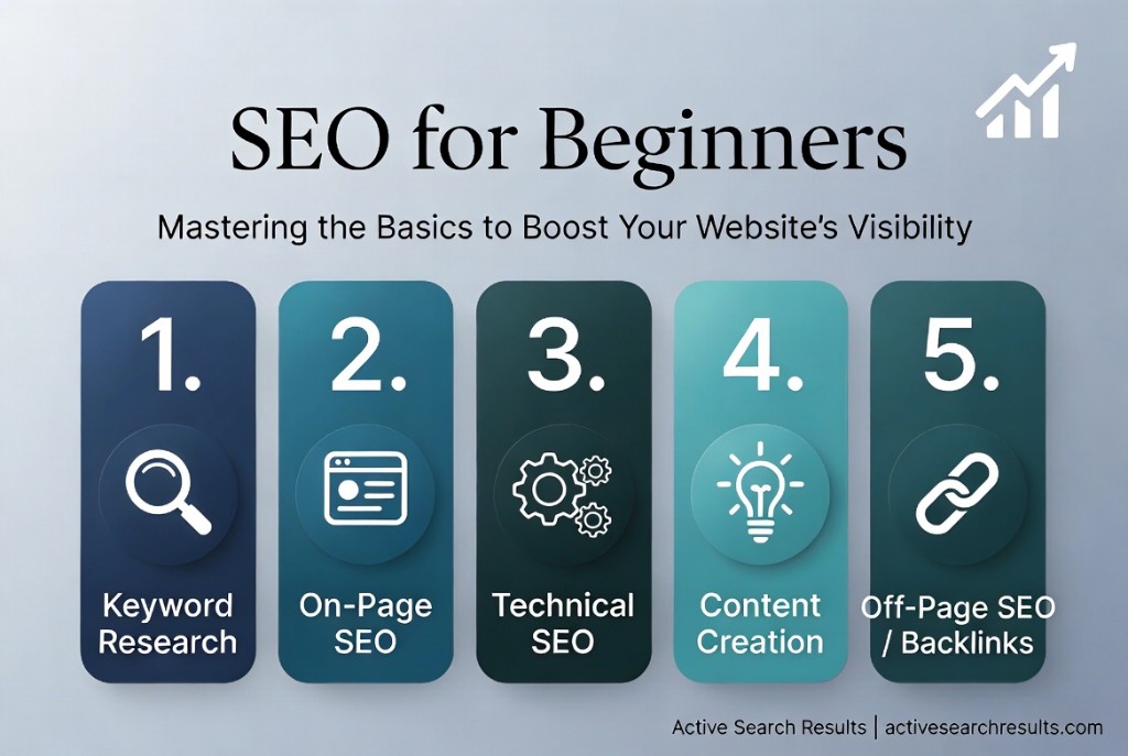 SEO for Beginners — keyword research, on-page SEO, technical SEO, content creation, and off-page SEO